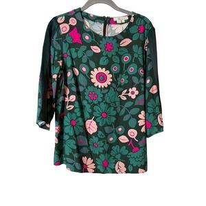 Boden‎ Floral Print Dark Green Pink 3/4 Sleeve Tunic Top Women's Size 4